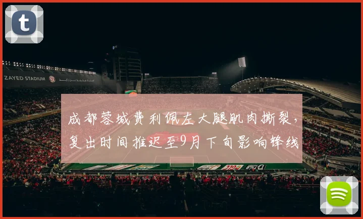 成都蓉城费利佩左大腿肌肉撕裂,复出时间推迟至9月下旬影响锋线